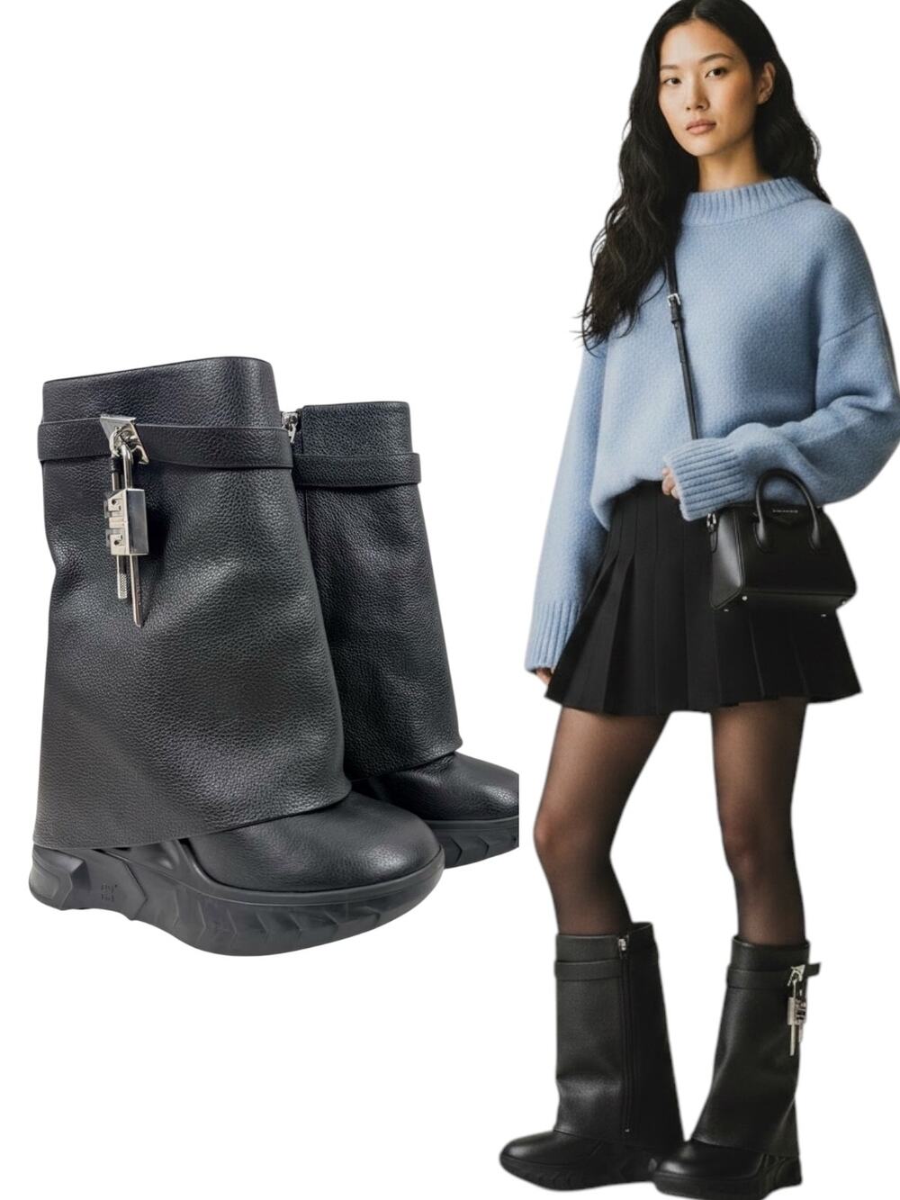 Givenchy Shark Lock Grained Calf Leather Wedge Biker Boots Black Size 39